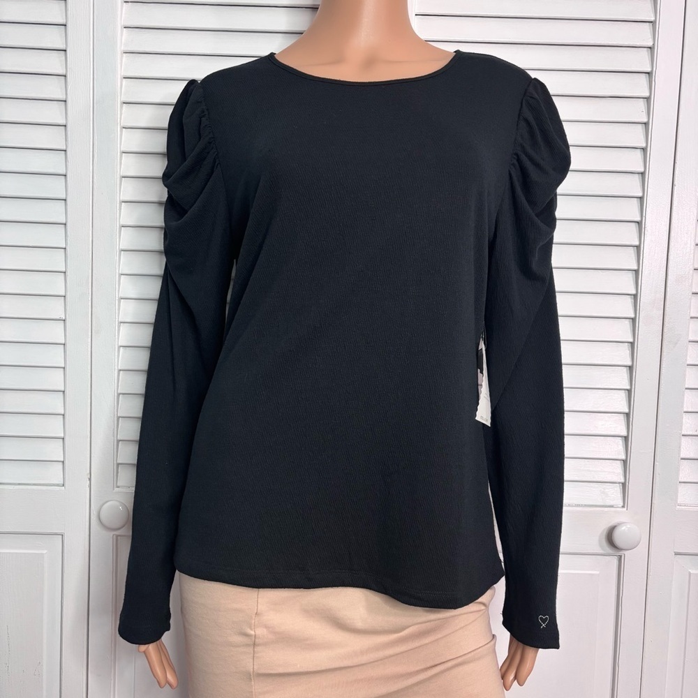 New STELLA & DOT Black Ruched Puff Sleeve Sweater Size Large